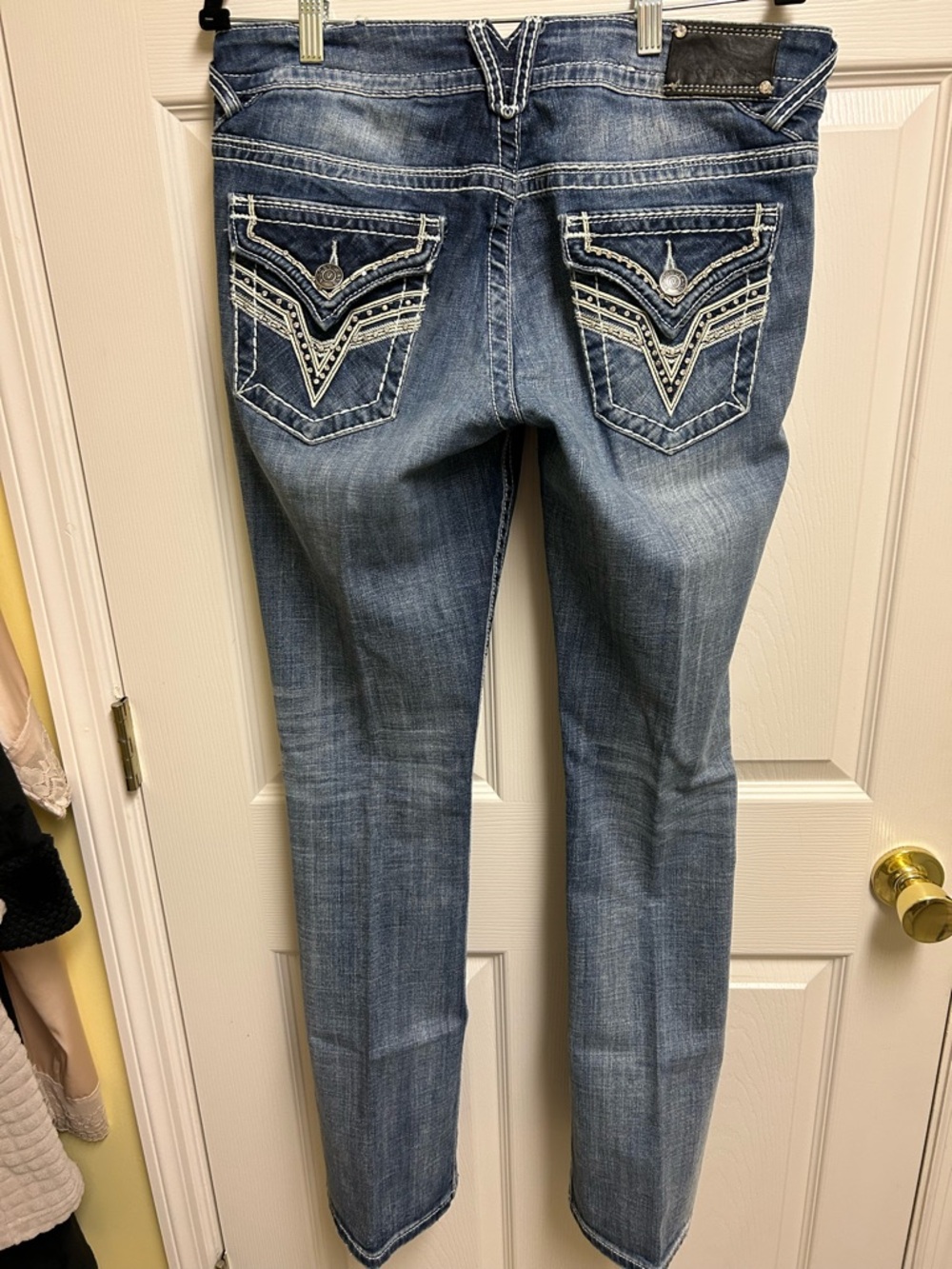 Vigoss Medium Blue Straight Leg Jeans with Embroidered Back Pockets